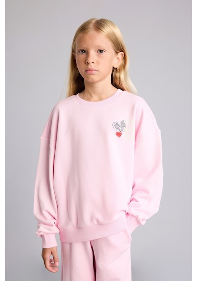 Defacto Relax Fıt Bisiklet Yaka Kalp Desenli Sweatshirt Kız Çocuk I4063a826aupn47 Pembe-pn47