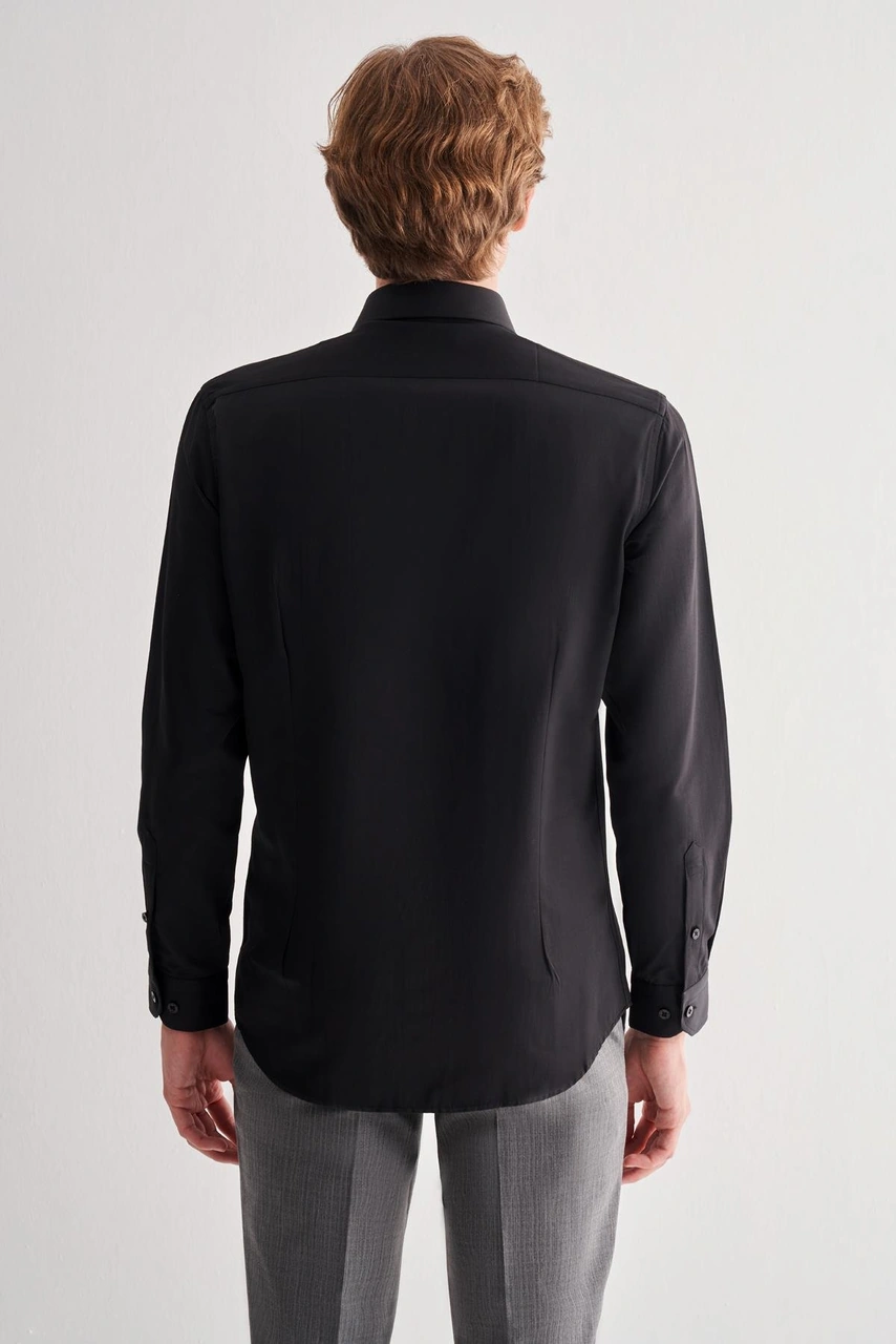 İmza Siyah Sert Yaka Uzun Kol Slim Fit Pamuklu Gömlek 1004255175 Siyah