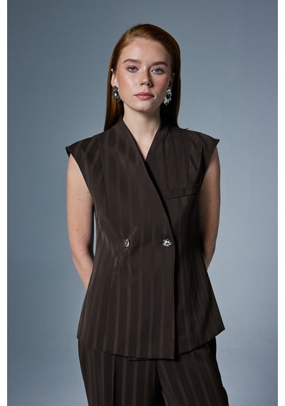 Sateen Anna Çizgili Yelek - Kahve-137068 Kahve