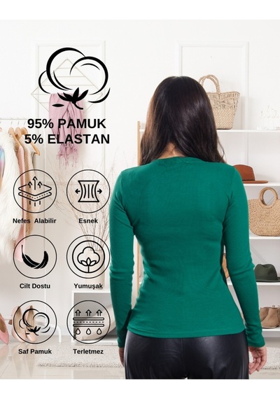 Alya Underwear Pamuklu Kaşkorse V Yaka Body Sweatshirt, Fitilli Kumaş Likralı Bluz, Asker Yeşili Badi Çimen Yeşili