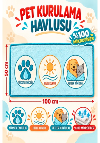 Kedi & Köpek Kurulama Havluları Pomeranian Mix - Köpek Desenli Büyük Boy Hızlı Kuruyan 60x120cm