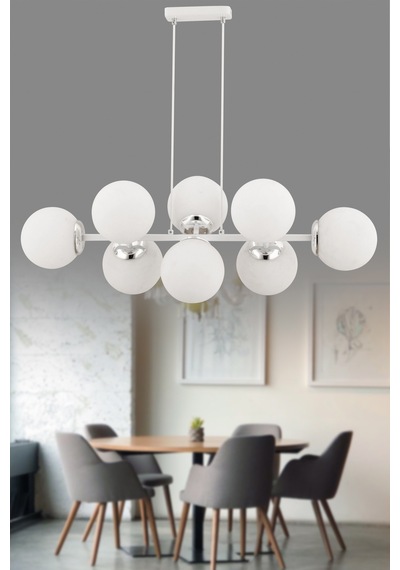 Cross 8'li Beyaz Glob Camlı Krom - Beyaz Modern Sarkıt Avize Oturma Odası Salon Gri Gri