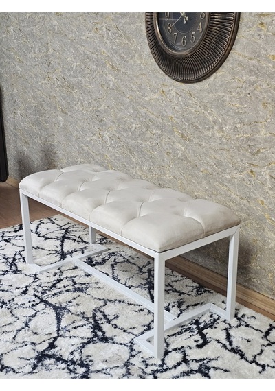 Zafir Beyaz Boyalı - L - Ayaklı 100 Cm X 38 Cm Oturak - Bench - Makyaj Taburesi - Makyaj Oturak Krem