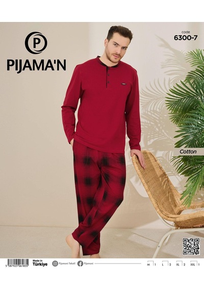 Pijamoni Erkek Pamuklu Düğme Yaka Uzun Kol İnce Pijama Takımı 100/7 - 1 Adet Bordo