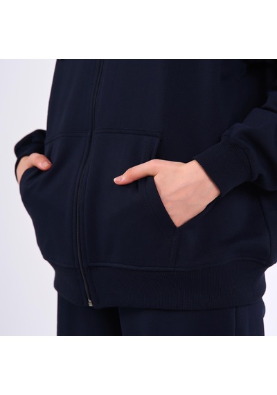 MMetalic Lacivert Kanguru Cepli Kapüşonlu Fermuarlı Oversize Kadın Sweatshirt Lacivert