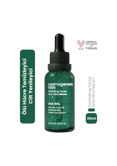 Cosmogenesis Labs AHA %10 BHA %2 Peeling Etkili Serum 30ml - Cilt Yenileyici Ölü Hücre Temizleyici Yeşil Çay Vegan