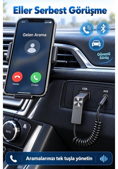 Bluetooth 5.1 Alıcı Usb Aux 3.5 Mm Çok Fonksiyonlu Kablosuz Araç Kiti Telefon Konuşma Müzik Dinleme