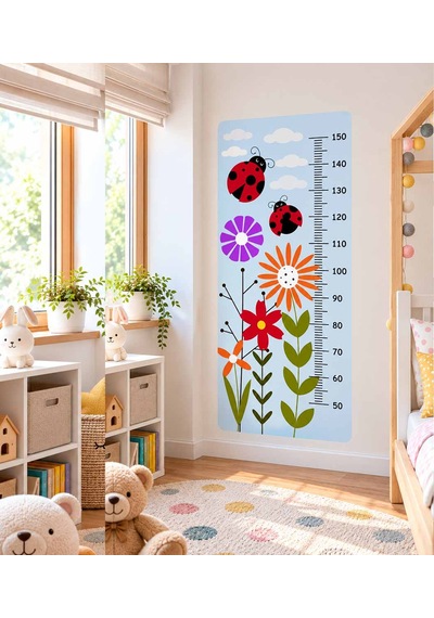 Çocuk Odası Boy Ölçer Çiçek Desenli Duvar Stickerı Folyo Baskı, Dekoratif Boymetre