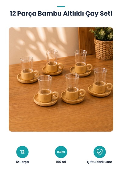 12 Parça Çay Seti - Bambu Bardak Altlığı - Çift Cidarlı Cam - 150 Ml Şeffaf