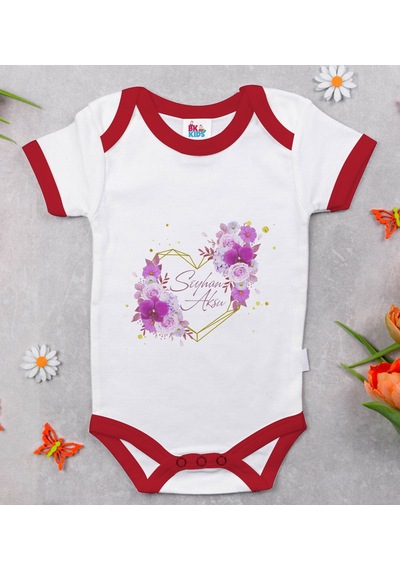 Bk Gift Bk Kids Kişiye Özel Çiçek Tasarımlı Kırmızı Bebek Body Zıbın-3
