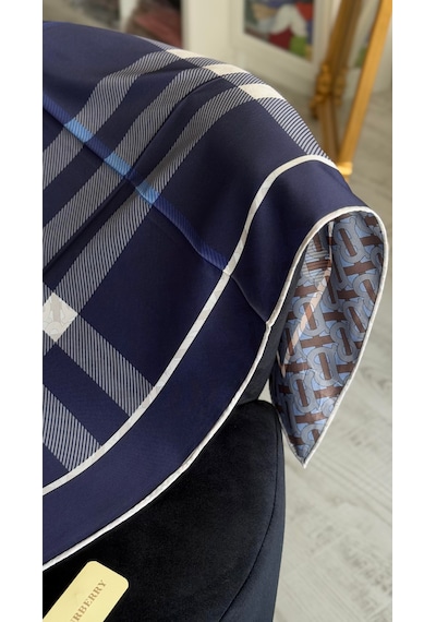 Miorel Scarfs Ekose Desen Çift Taraflı Vual İpek Eşarp Silk Scarfs Hijab Şal Aksesuar Fular Lacivert