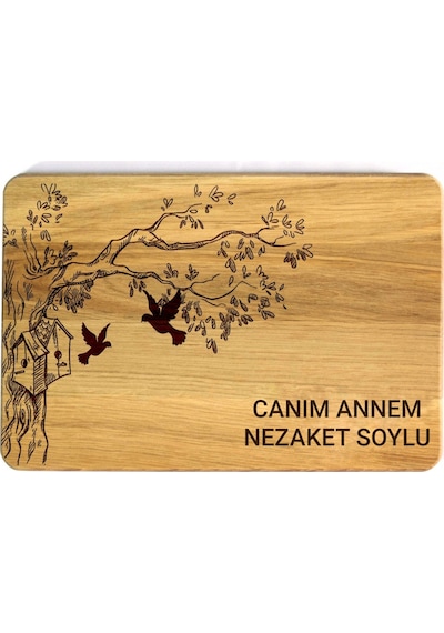 Isme Özel Ağaç Ve Kuş Desenli Ahşap Kesme Tahtası