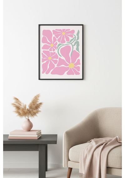 Doğal Ahşap Çerçeveli Retro Çiçek Desenli Tablo - Pastel Tonlar Huhu2780