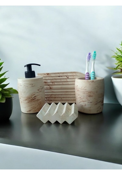 Marble Serisi Bej Beton Sıvı Sabunluk Ve Diş Fırçalık Seti Gri