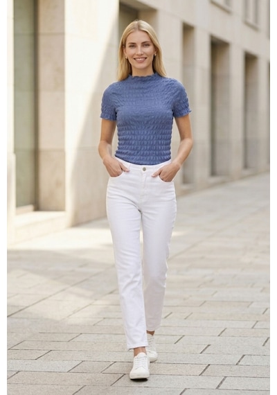 Kadın Mavi Büzgülü Dokulu Bluz Slim Fit Kısa Kol Yüksek Yaka Esnek Modern Şık Üst Bluz