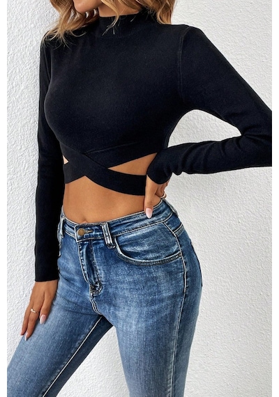 Beru Kadın Siyah Çapraz Bel Detaylı Dik Yaka Uzun Kol Crop Top Bluz L - XL