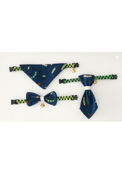 Flypet Tırtıl Desen 3lü Set Papyon + Fular+ Kravat Kedi Tasma & Yavru Köpek Tasma 13cm-24cm Ayarlanabilir Tasma