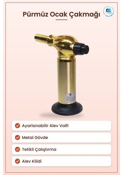 Pürmüz Ocak Çakmаğı Nargile Ayarlanabilir Alev Valfi Metal Gövde Gold