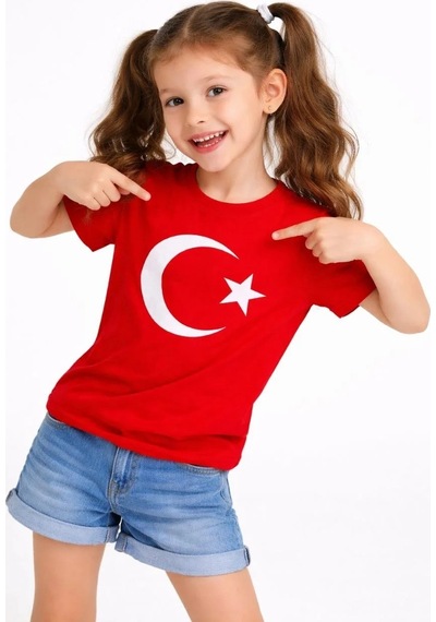 Mzpkartan Kız Çocuk Tişört Bisiklet Yaka Ay Yıldız Bayrak Baskılı T-shirt - Kırmızı