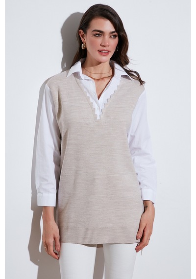 Lela Modest Standart Fit Gömlek Yaka Tesettür Triko Bayan Tunik 4612148 Bej