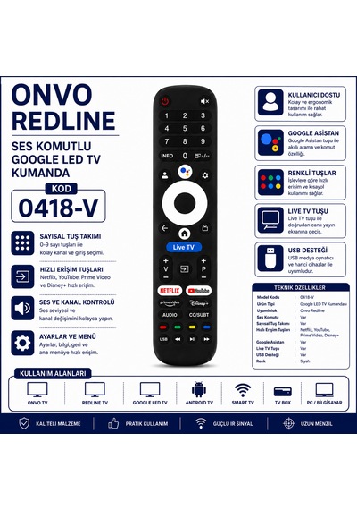 0418-v Onvo Redline Ses Komutlu Google Led Tv Kumandası Netflix Youtube Prime Video Disney+ Uyumlu