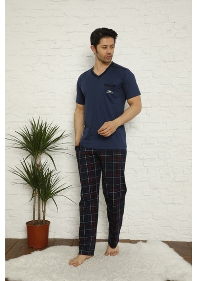 Farya Home Dreamy Ekoseli Kısa Kollu V Yaka Cepli Erkek Pijama Takımı İndıgo İndigo