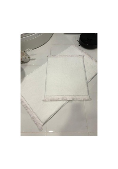 Buççin Online Mağaza Peluş Post Banyo Paspas Takımı Ikili Saçaklı Makinada Yıkanabilir Polyester Kalın 12 Mm + Beyaz Çok Renkli