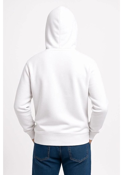 Erkek 3 İplik Pamuklu Kapüşonlu Kanguru Cepli Sweatshirt Hoodie - Beyaz