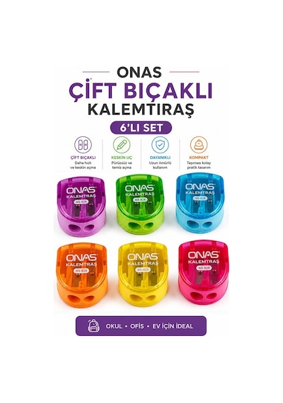 Kalemtraş 6 Adet Onas Ns-828 Hazneli Çift Bıçaklı Kalem Açacağı Plastik Kalemtıraş Kalem Traş Okul Sınıf
