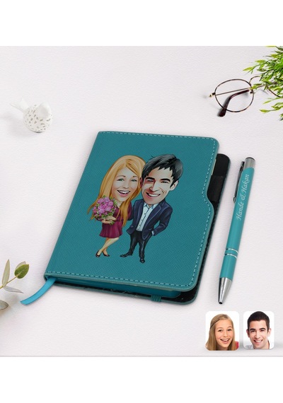 Kişiye Özel Sevgililer Karikatürlü Turkuaz Termo Deri Defter Kale N11.3566 Turkuaz