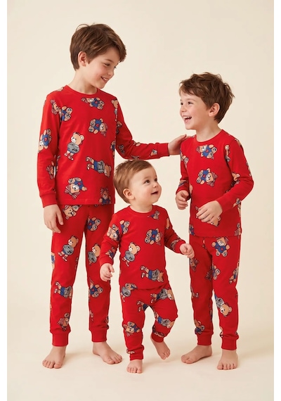 Zuzunga Unisex Kırmızı Renk Ayıcık Desenli Uzun Kollu Pijama Takımı