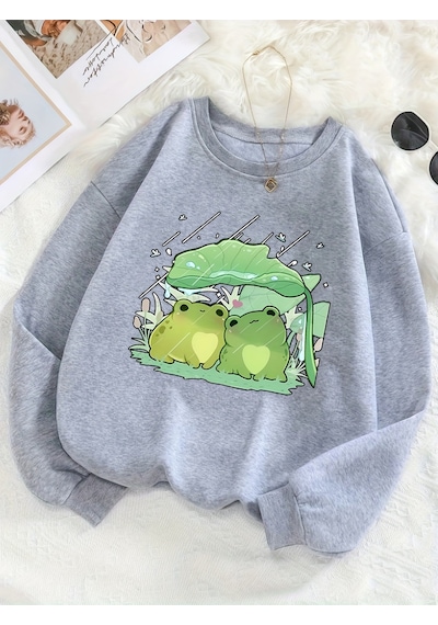 Uyguntarz Unisex Sevimli Kurbagalar Baskılı Oversize Sweatshirt Gri