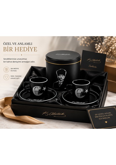Atatürk İmzalı 2 Li Türk Kahvesi Fincan Takımı Özel Kutulu Siyah Premium Kahve Seti Hediyelik