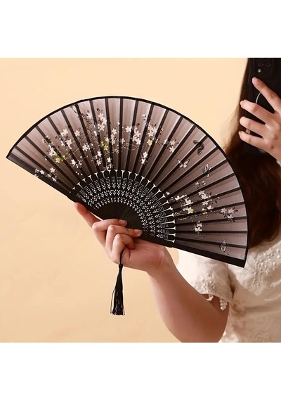 Beluga Yelpaze Bambu Kumaş Serinletici Vintage Siyah Bahar Dalı Kelebekli Şık Dekorasyon Püsküllü Japon Yelpaze 0143