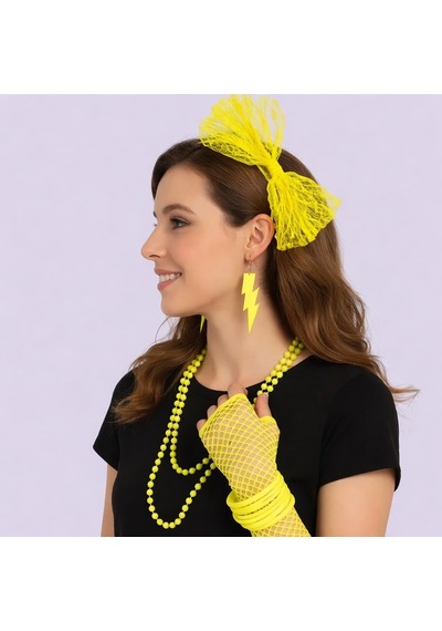 80 Ler 90 Lar Neon Sarı Parti Seti Kolye Küpe Taç - Mg-874158