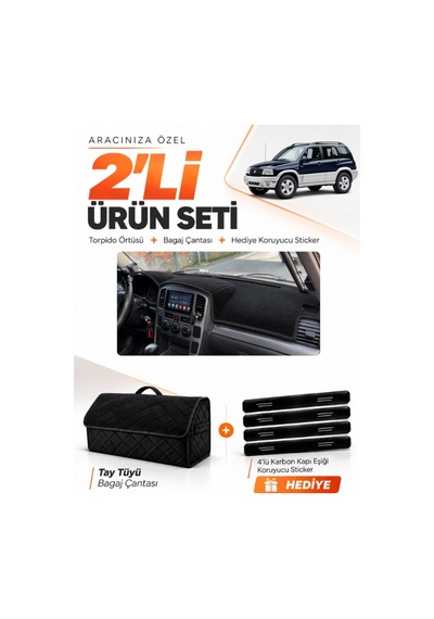 Suzukı Grand Vitara 2003-2006 Uyumlu Torpido Örtüsü + Tay Tüyü Bagaj Çantası Seti - Siyah