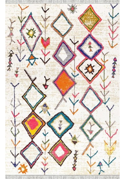 Krem Çok Renkli Boho Motifli Dijital Baskılı Halı Kaymaz Tabanlı, Geometrik Modern Desenli Salon