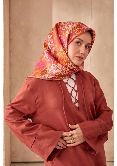 Twill İpek Eşarp 11473-23 Tarçın, Magenta, Bej, Parlak Turuncu
