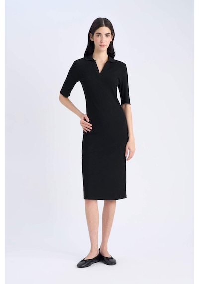 DeFacto Bodycon Vücudu Saran Polo Yaka Fitilli Kaşkorse Kısa Kollu Midi Elbise E6806AX25SPBK27