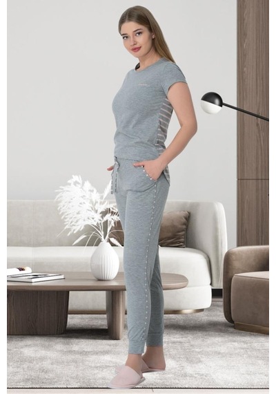 Mecit Pijama Mecit 5624 Ekru Çizgili Gri Kadın Spor Pijama Takımı 001