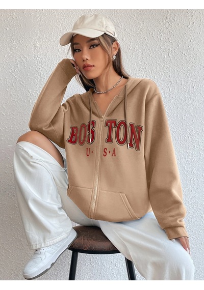 Altamira Unisex Bej Boston Baskı Kapüşonlu Hırka 001