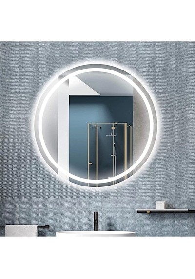 Nuun Dekor 70cm Beyaz Ledli Kumlamalı Yuvarlak Banyo Lavabo Ofis Makyaj Kuaför Aynası - Trafolu Beyaz