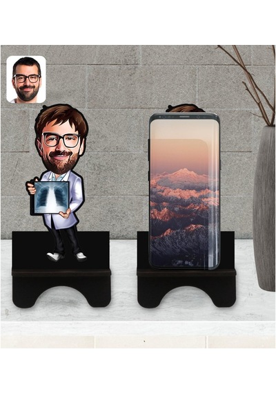 Kişiye Özel Erkek Radyolojist Karikatürlü Ahşap Biblo Telefon Sta