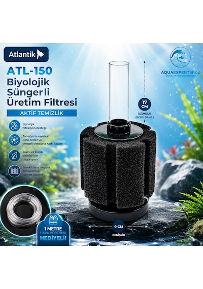 Atlantik Biyolojik Süngerli Üretim Filtresi - Temizlik Filtresi - Pipo Filtre - Aktif Temizlik - . 17x Cm - 1 Metre Hava Hortumu Hediye