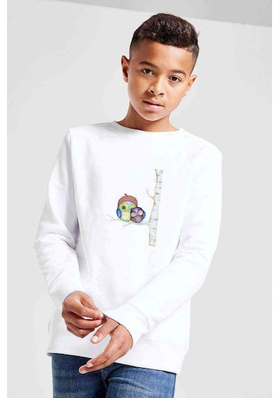 Tshirthane Ağaç Dal Üzerinde Baykuş Owl Moon Baskılı Unisex Çocuk Beyaz Swe