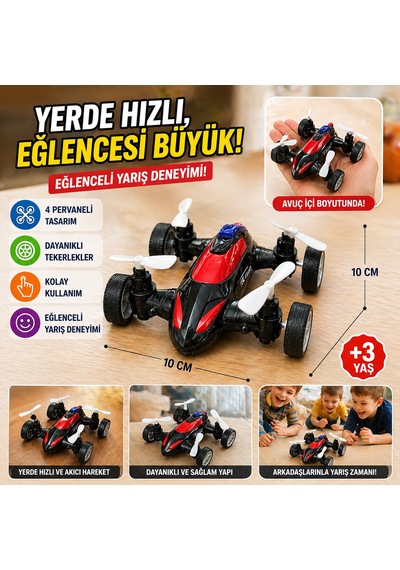 Mini Drone Tasarımlı Oyuncak Araba 10x10 Cm, 4 Pervaneli Eğlenceli Araç 3+ Yaş Siyah