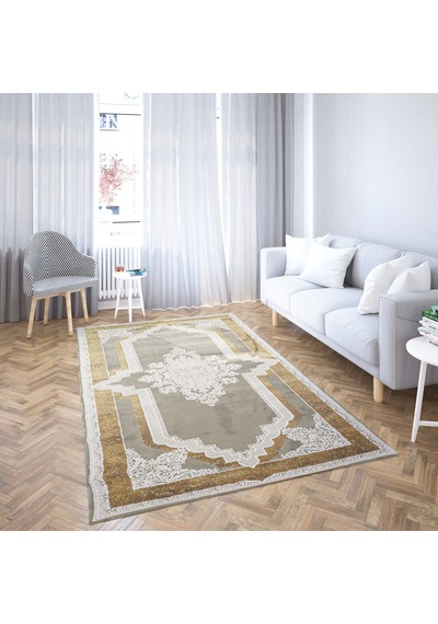 Nostalji Seri Gold Çerçeveli Klasik Motifli Altı Kaymaz Makine Dokuma Halı 13417-835 Beyaz