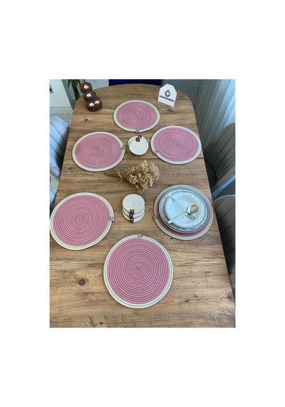 Jüt Hasır Amerikan Servis Supla Ve Bardak Altı 12 Parça Pembe Krem Pembe Krem