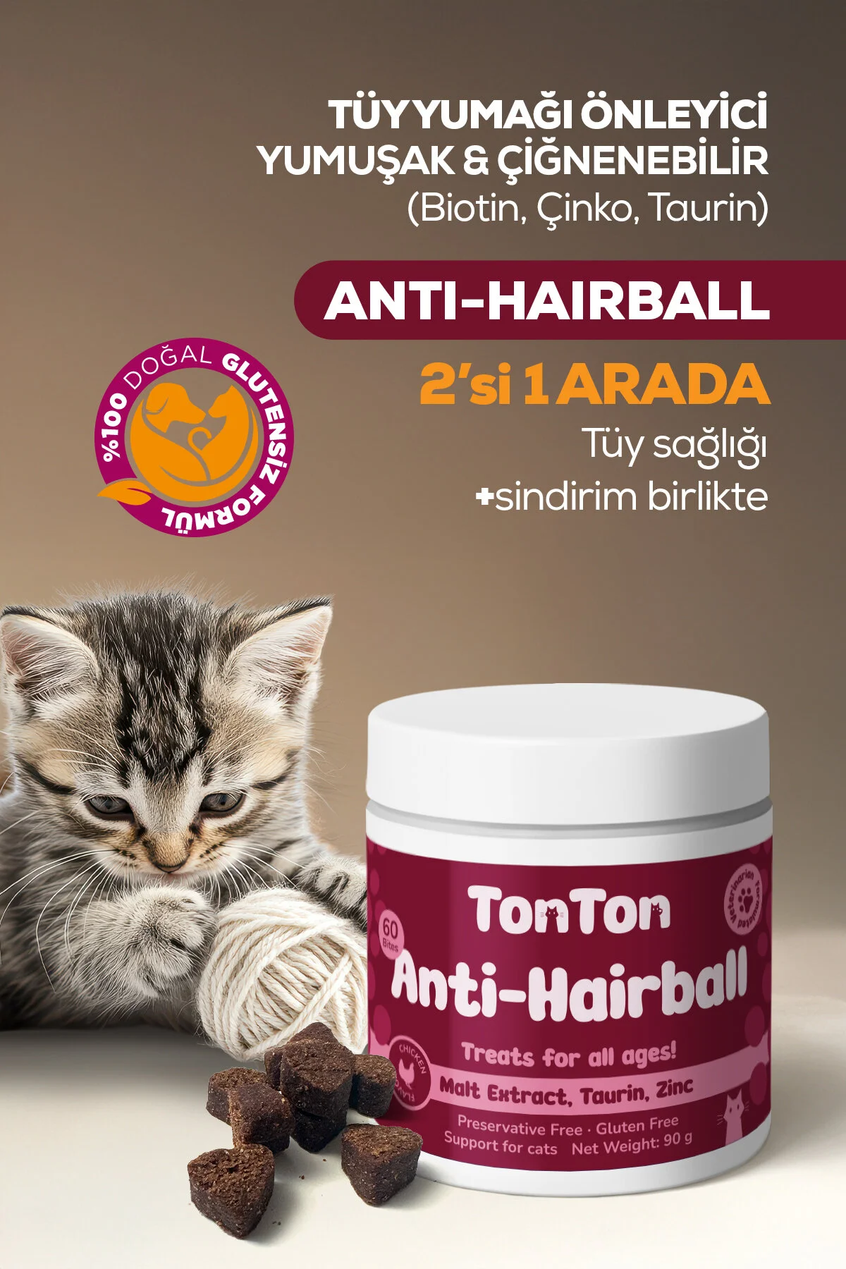 Glutensiz Anti-hairball Tüy Yumağı Önleyici, Yumuşak Ve Çiğnenebilir Biotin, Çinko, Taurin