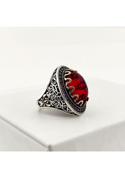Fkgümüş 925 Ayar Gümüş Sarmaşık Desenli Kırmızı Ruby Taşlı Erkek Yüzük